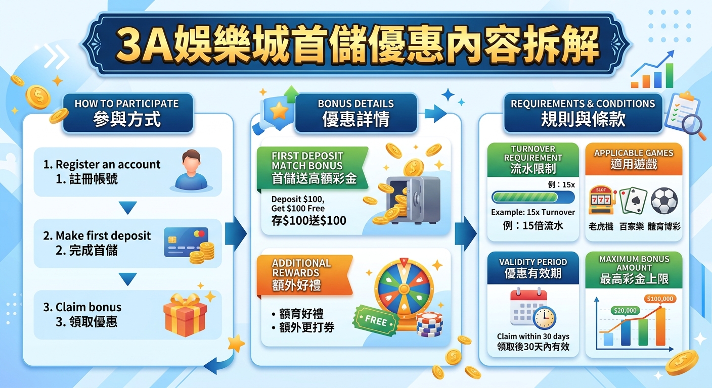 這張圖表採用現代簡潔的藍白風格,清晰拆解了「3A娛樂城首儲優惠」的參與流程與獎勵機制。 內容涵蓋帳號註冊步驟、首儲贈點詳情、流水倍數限制及適用遊戲種類,並輔以豐富的圖示進行視覺化呈現。