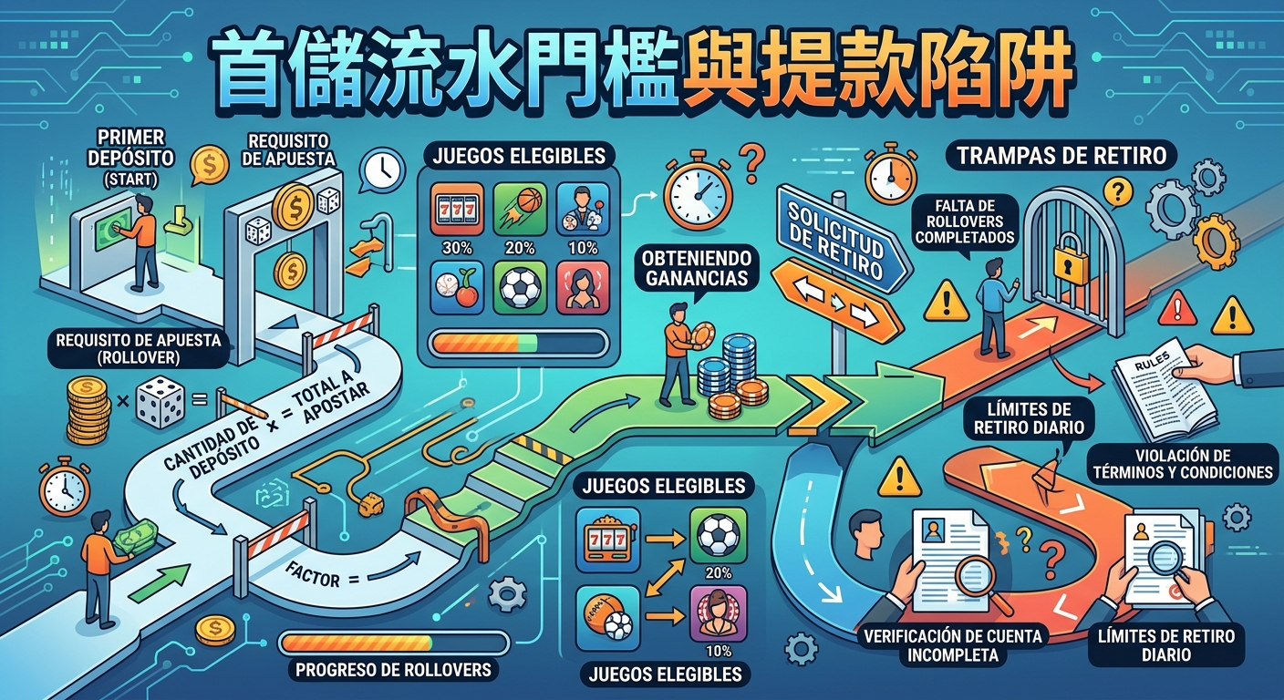 這幅圖解以科技感藍色為背景,清晰呈現了線上博弈的「首儲流水門檻與提款陷阱」流程。 畫面包含從儲值、滾動量計算(Rollover)到提款審查的關卡,並標示了帳號驗證未完成與條款限制等常見陷阱。