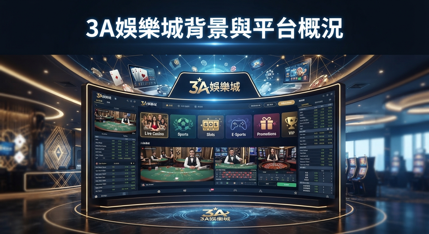 這是一張以「3A娛樂城背景與平台概況」為主題的宣傳圖片。 畫面中展示了豪華的娛樂城平台介面、遊戲選單以及現代化的賭場背景。