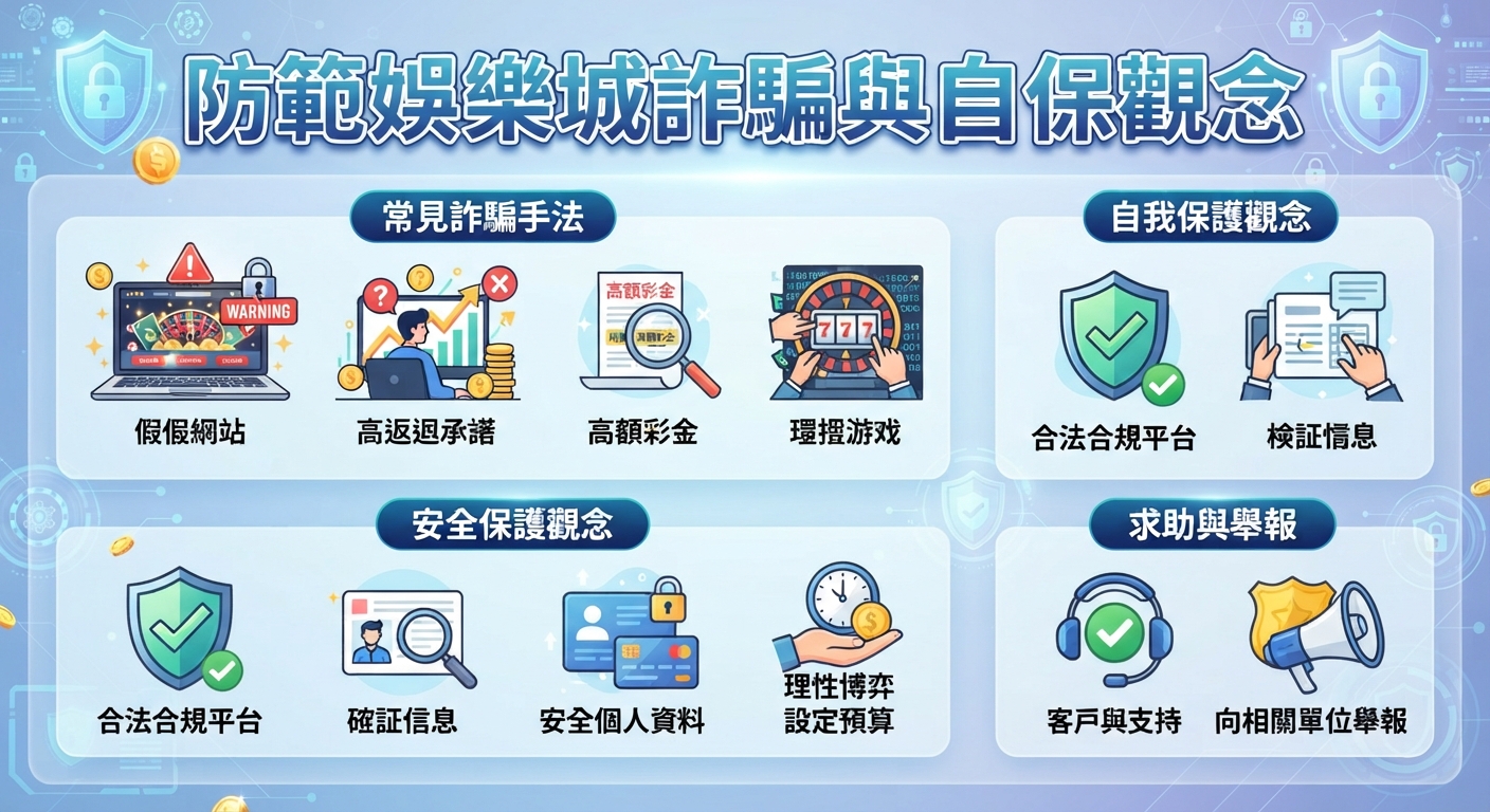 圖片主標題為「防範娛樂城詐騙與自保觀念」。 下方透過多個圖標與文字區塊展示常見詐騙手法及自我保護觀念。